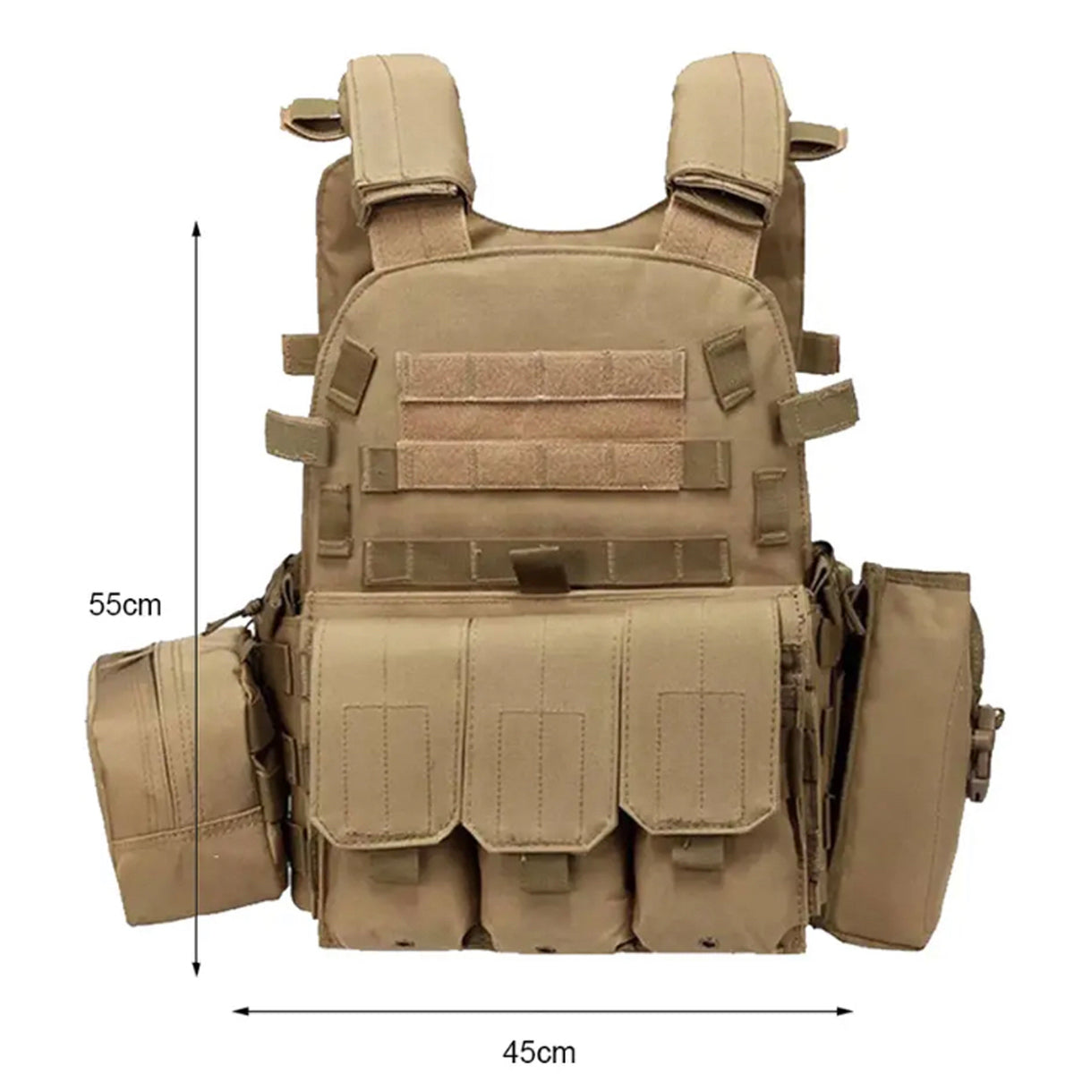 Grab this great tactical assault vest which is fully adjustable and lightweight.   Heavy duty 600D coats PU fabric  Fully adjustable shoulders  x3 Magazine Pouches  x1 Water Bottle Pouch  x1 Back/Side Pouch  One size fits most www.moralepatches.com.au