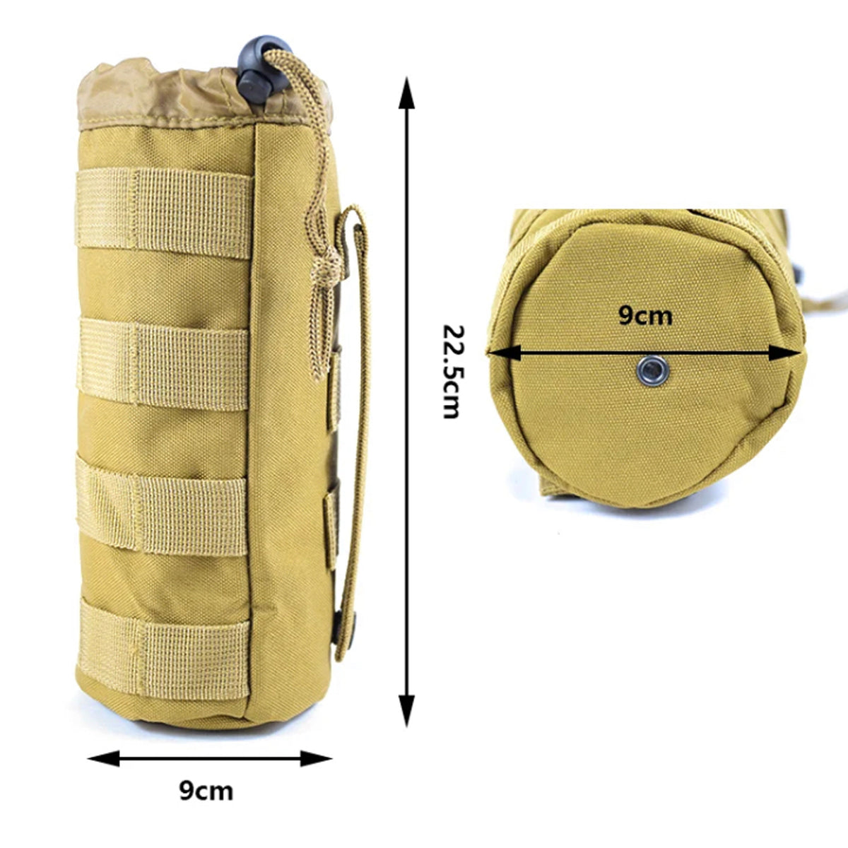 MOLLE water bottle holder to use with the molle attachment webbing that is used on a lot of our equipment. Constructed of canvas and nylon webbing (and hook and loop tape to tighten the top). Molle Design, easily connect to molle webbing, bags etc. Dimensions: approx. 9cm wide x 22cm high Coyote colour, darker than the images www.moralepatches.com.au